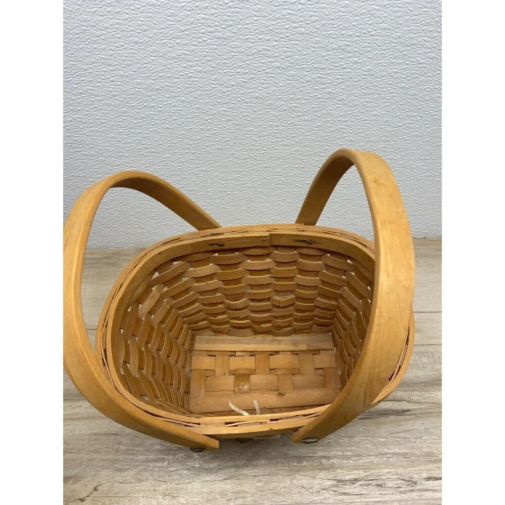Precious Moments Double Folding Handle Wooden Basket With Porcelain Ornament